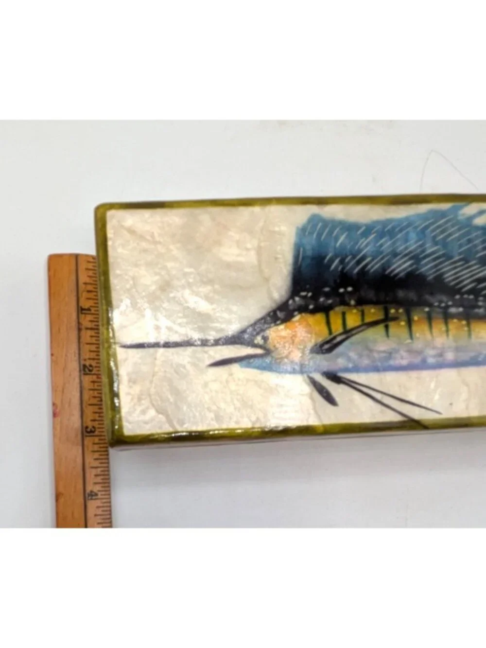 Vintage Hand Painted Swordfish Capiz Shell Long Trinket Box Philippines 9